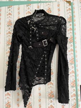 Dark In Love Black Distressed Mesh Gothic Buckle Top XS